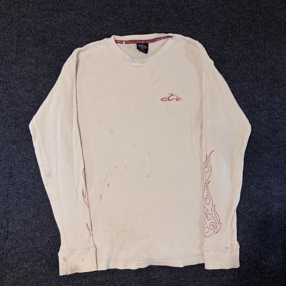 Orange County Choppers Mens XL Thermal Waffle Knit Shirt Off White Flame Graphic